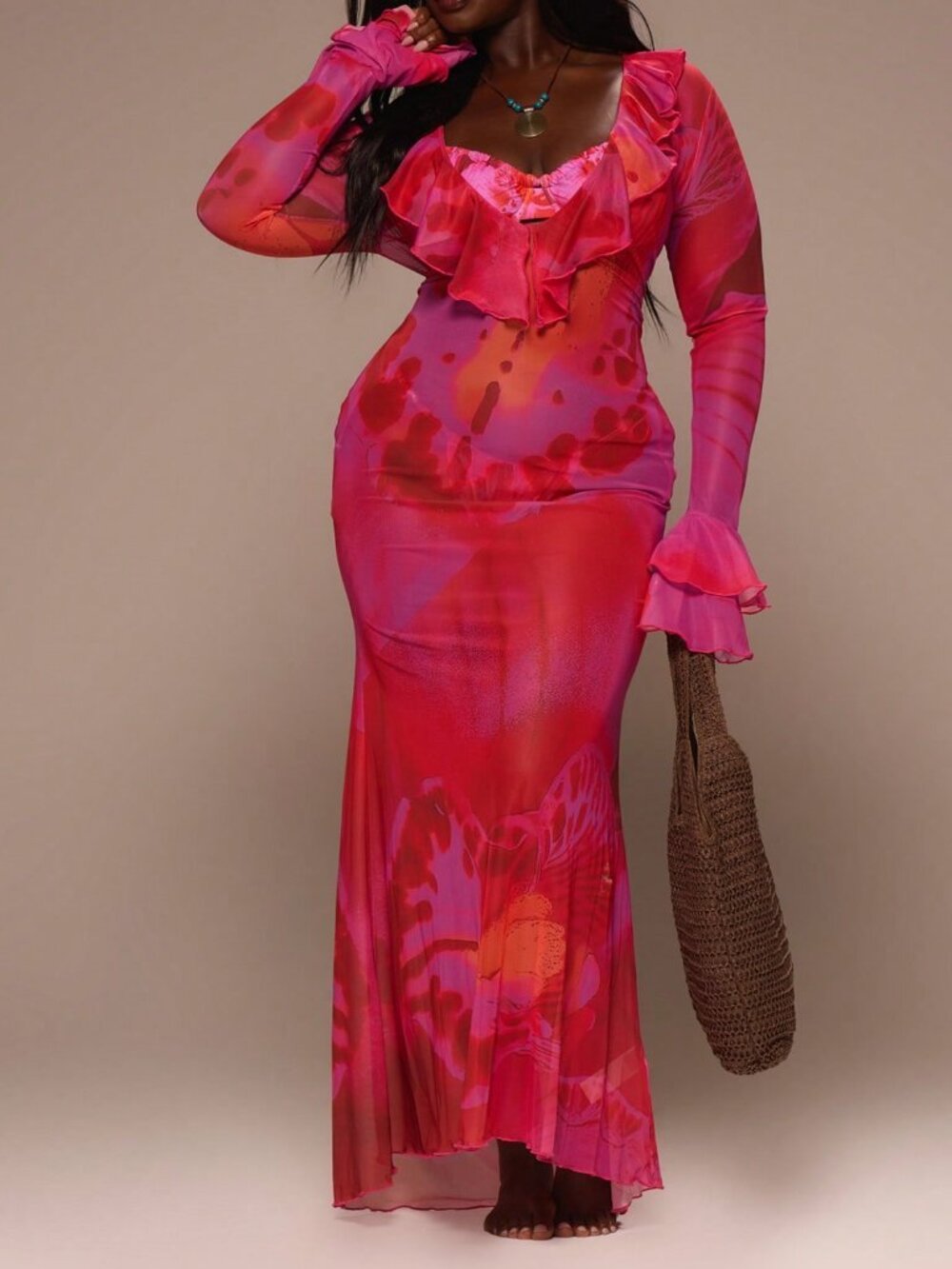 Sexy Women's Plus Size Floral Print Mesh Ruffle Plunge neck maxi dress - Picture 5 of 6